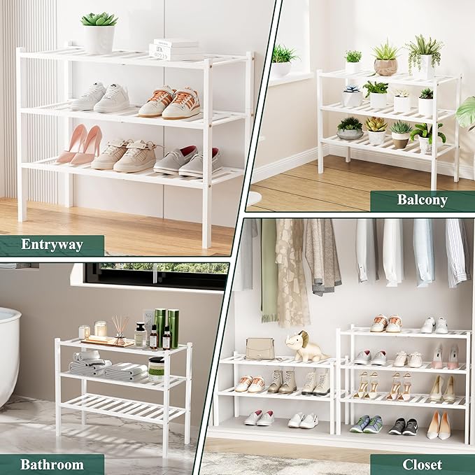 Smiry Small Bamboo Shoe Rack, 5 Tier Free Standing Wooden Shoe Organizer, Stackable Wood Shoe Storage Shelf for Closet, Entryway, 12 Vertical Slats, 2+2+1 Stack Standard Legs, 17.3"x11"x32.5", White
