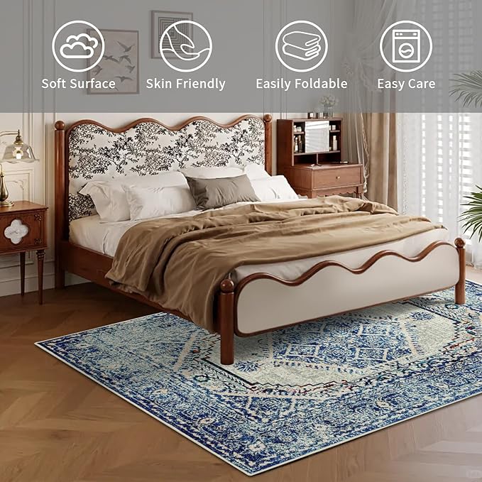 Easy-Going Area Rug 4x6 Washable Boho Rugs for Living Room Non-Slip Bedroom Rug Low Pile Lightweight Medallion Distressed Throw Rug for Dining Room Kitchen Home Office Carpet, Vintage Blue Cream