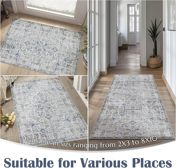 jinchan Kalen Area Rug 4x6 Washable Bedroom Rug Soft Vintage Indoor Thin Retro Distressed Floor Cover Blue Floral Country Boho Non Slip Living Room Bathroom Kitchen