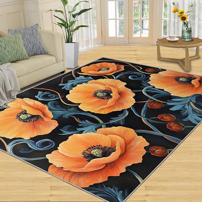 8x10 Poppy Rugs for Living Room - Retro Florals Art Large Area Rug, Rustic Flowers Art Modern Boy Nursery Rug Soft Washable for Classroom Office Bedroom Kids Room