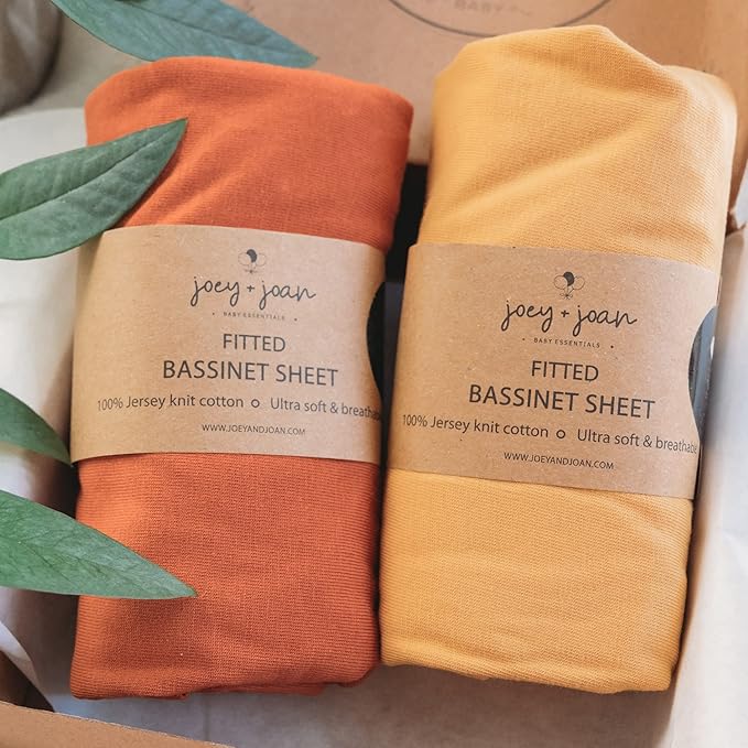 Bassinet Fitted Sheets Compatible with SNOO Happiest Baby Oval Bassinet – Snuggly Soft 100% Jersey Cotton – Mustard Yellow + Burnt Orange – 2 Pack