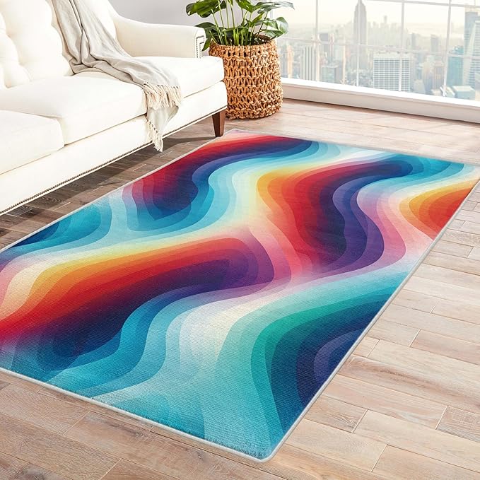 Rainbow Gradient Modern Abstract Area Rug, 7x10, Washable Non-Slip Soft Carpet for Entryway, Kids & Pets Friendly Home Decor