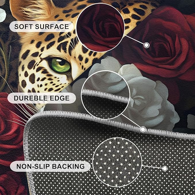Leopard Rugs for Bedroom - 4x6 Area Rug - Flowers Leopard Rugs for Living Room, 3D Flowers Animal Rug, Washable Home Decor Carpet