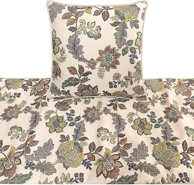 The HomeCentric King Queen Twin Multi Color & Ivory Handmade Twin 53"x18" Bed Runner with Pillow Cover, Floral Bed Scarf on Jacquard Fabric - Seasons Blossoms