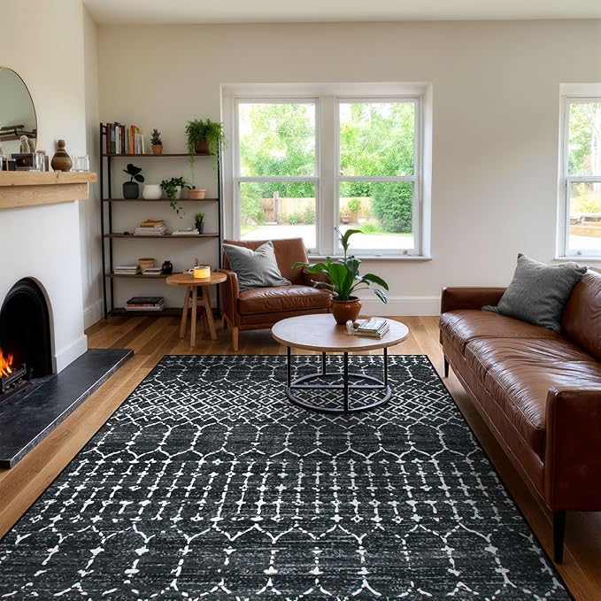 Lahome Moroccan Black 9x12 Rug for Living Room, Washable Non-Slip Ultra-Thin Stain Resistant Area Rug for Dining Room Table, Geometric Print Modren Indoor Carpet for Bedroom Office