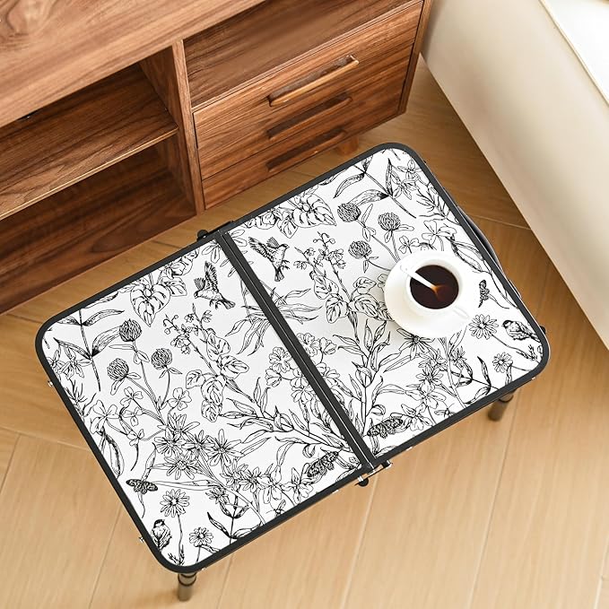 Toile de Jouy-Inspired Camping Table, Vintage French Floral Pattern Folding Table, Adjustable Height, Lightweight & Portable Outdoor Picnic Table with Carry Handle for Patio, Living Room, Travel