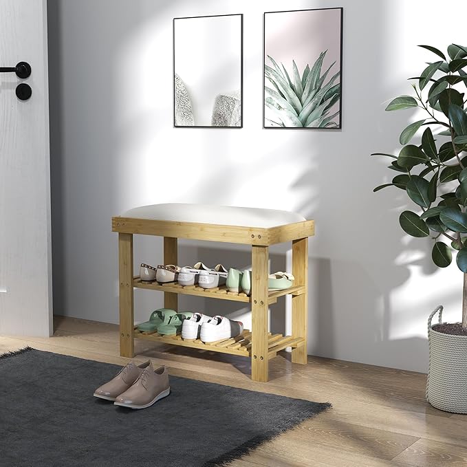 HOMCOM Bamboo Shoe Bench, 3-Tier Entryway Bench with Storage and Cushion, Shoe Organizer for Entryway, Hallway, Holds Up to 331 lbs, 23.6 x 11.4 x 19.3 Inches, Natural