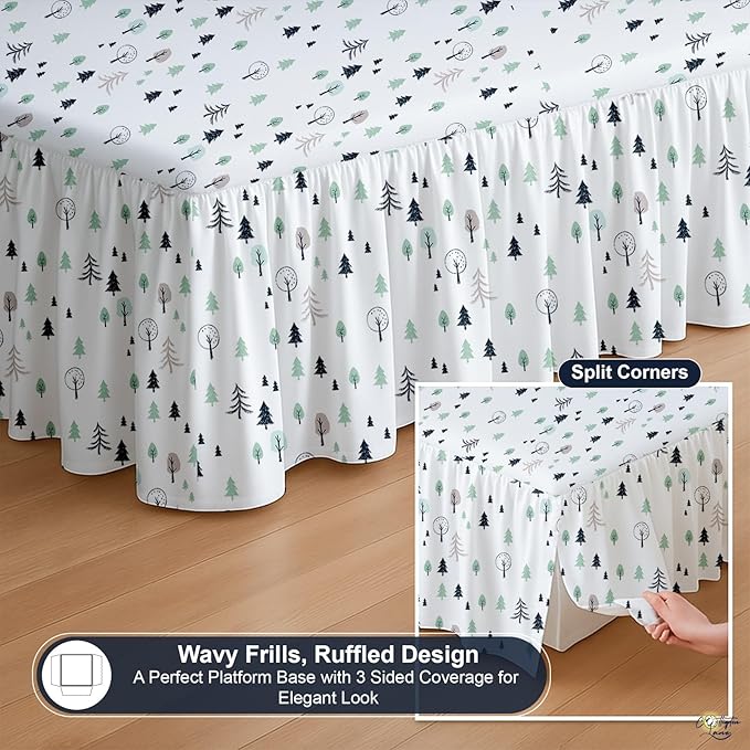 Cottington Lane Ruffled Bed Skirt Twin Size with Split Corner, Brushed Microfiber Hotel Quality Dust Ruffle, 14 Inch Drop Gathered Bedskirt, Soft, Stylish, Shrink & Fade Resistant, Winter Forest