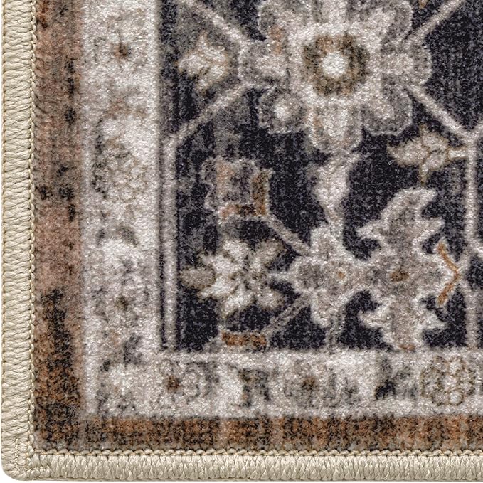 DEXI 8x10 Area Rug for Living Room, Washable Vintage Farmhouse Thin Rug Indoor Floor, Non Slip Stain Resistant Low Pile Carpet for Dining Room Bedroom Office, Brown