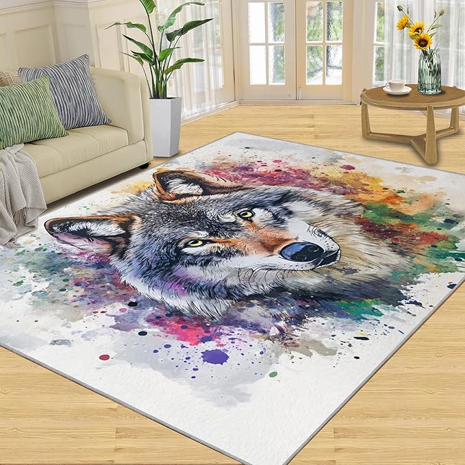 Wolf Rugs for Bedroom - 3x4 Area Rug - Graffiti Wolf Rugs for Living Room, Abstract 3D Animal Graffiti Rug, Washable Home Decor Carpet