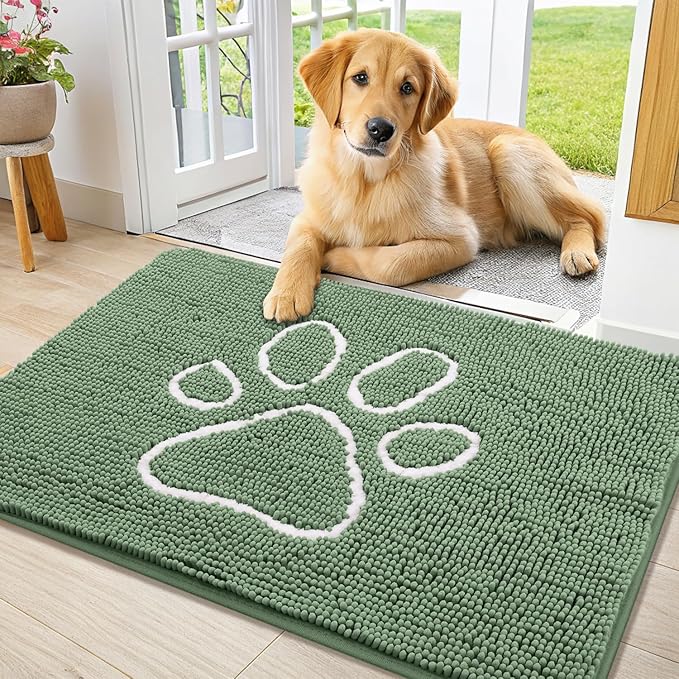 Smiry Dog Door Mat for Muddy Paws, Absorbent Dirt Trapper Non Slip Quick Dry Washable Chenille Mat for Mud Dogs, Entry Rug for Indoor and Outdoor (36x24 Inches, Olive Green and White)