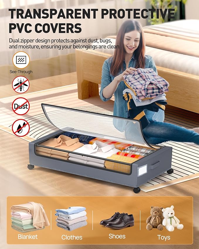 Under Bed Storage With Wheels, 2 Pack Square Containers, 60L Bins, Rolling Metal Drawer for Clothes, Blankets, Shoes