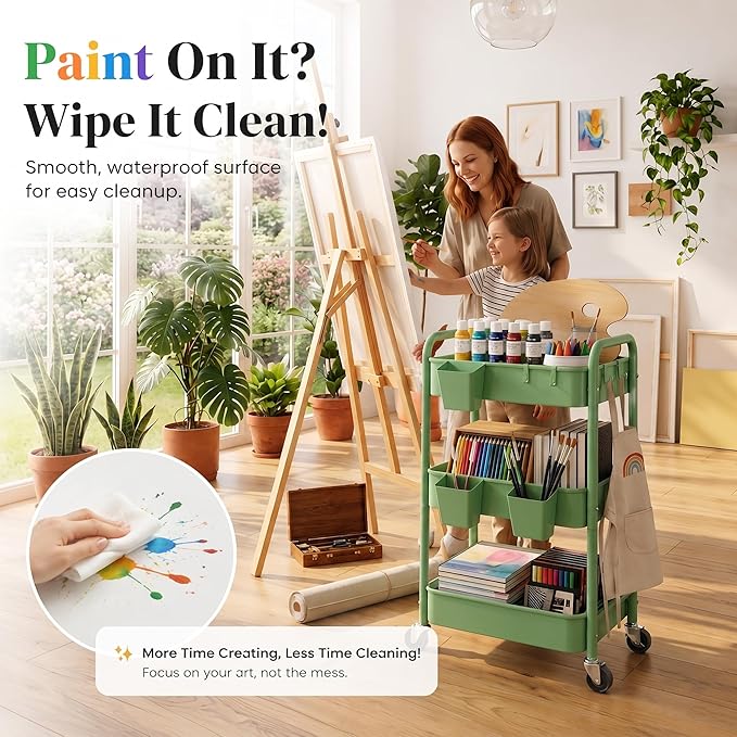 3 Tier Rolling Storage Cart Metal with Wheels, Green Baby Diaper Caddy Carts, Three Tiered Craft Cart Organizer on Wheels, Utility Roller Trolley for Art, Book, Snack, Office, Laundry, Bathroom Shelf