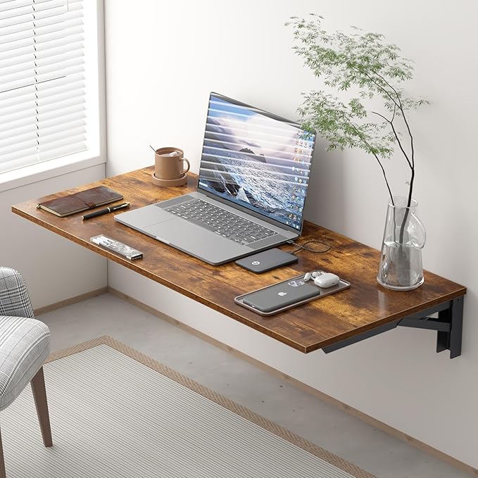 Need Wall Mounted Desk - Heavy Duty Folding Work Table Length 36" Width 20"/Small Space Hanging Desk Perfect Addition to Home/Office/Kitchen & Dining Room Rustic Brown AC15-9050FG-ND