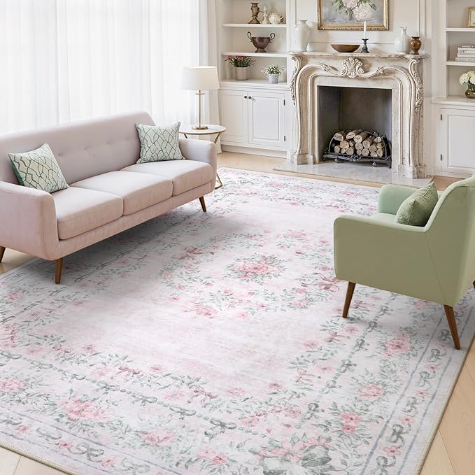 Wonnitar Washable 9x12 Area Rugs, Ultra-Thin Large Area Rug for Living Room, Pink Soft Non Slip Boho Floral Bow Apartment Decor Carpet for Big Bedroom Playroom Nursery Office, Light Pink