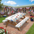 JAWO 4th of July Picnic Table Cover with Bench Covers, Red Blue Watercolor Flowers Fitted Waterproof Tablecloth with Elastic Edge, 3 PCS Set for Outdoor Camping, Independence Day Decorations,96in