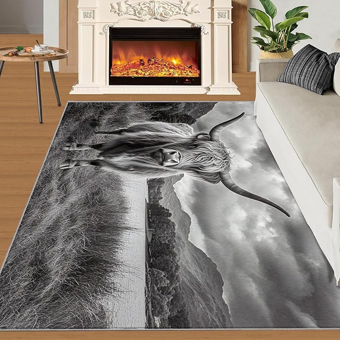 Highland Cattle Rugs for Bedroom - 4x6 Area Rug - Black White Highland Cattle Rugs for Living Room, 3D Natural Landscape Rug, Non-Slip Washable Home Decor Carpet