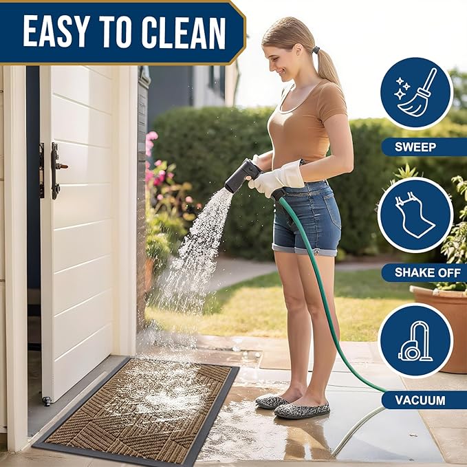 Kitinjoy Front Door Mat Outside Entrance, Sturdy Natural Dirt Trapper, Heavy Duty Rubber Doormat, Low Profile Non-Slip Backing, Easy Clean Floor Mat for Indoor Outdoor Entry, 29.5X17 Inch, Brown