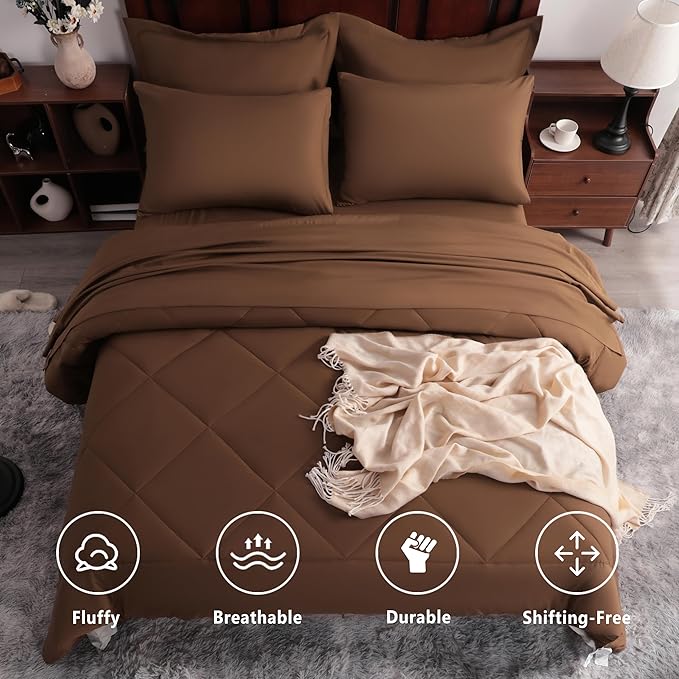 NTBAY King Comforter Set with Sheets, 7 Pieces Soft and Breathable King Bedding Set, Bed in a Bag, Down Alternative Comforter Set Solid Color All Season, King Bedding Set, Brown