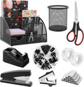 SKYDUE Black Office Supplies, Mesh Desk Organizer, Stapler, Tape Dispenser, Scissors, Binder/Paper Clips and 1000pcs Staples, Desk Supplies Set