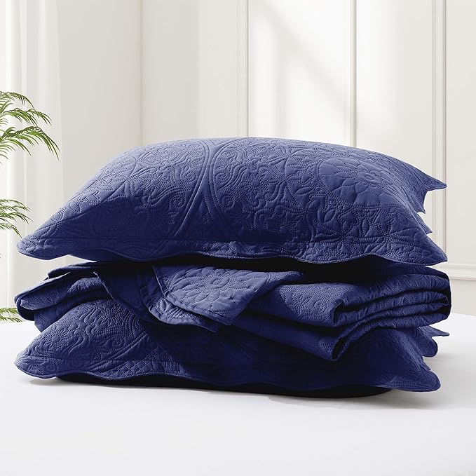 IR Imperial Rooms King Quilt Bedding Set Size (106" x 96") + 2 Pillow Shams (20" x 36"+ 2") - 3 Pcs All Season Lightweight Reversible Microfiber Coverlet Floral Embossed Quilt Bedspread (Blue)
