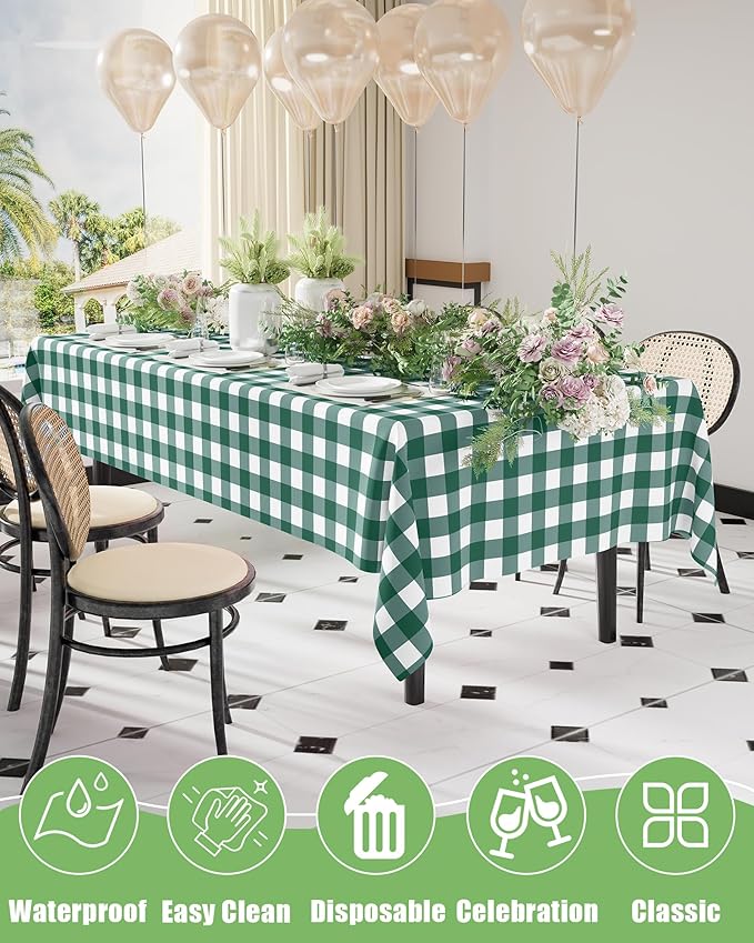Smiry 20 Packs Gingham Disposable Table Cloth, 54 x 108 Inch Waterproof Plastic Tablecloth, Rectangle Hunter Green and White Checkered Table Covers for Picnic, Birthday, Party
