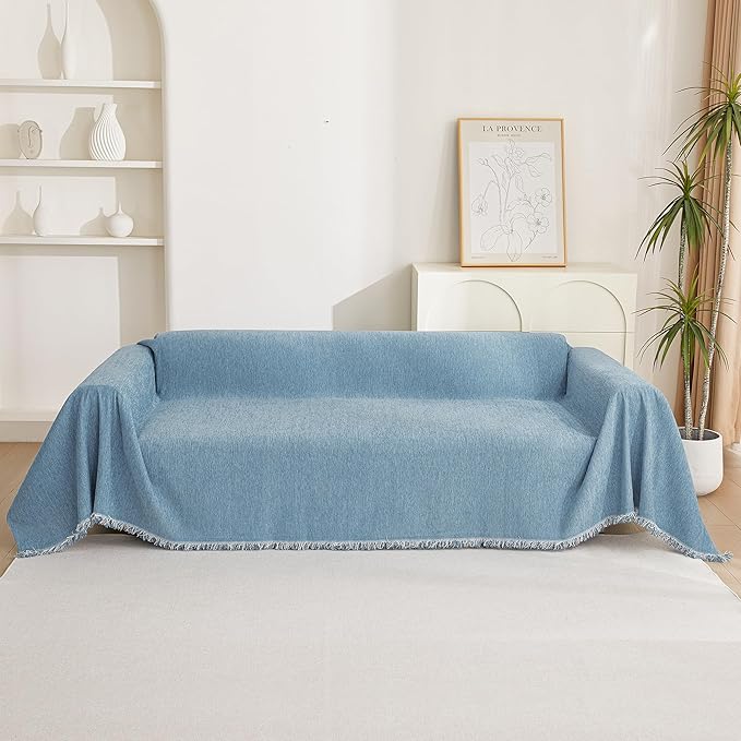 MYSKY HOME Couch Cover Sofa Covers, Sectional Couch Covers for 3 Cushion Couch Sofa, Chenille Sofa Slipcovers, Futon Covers, Machine Washable, Soft Furniture Protector for Kid, 91" x 134", Blue