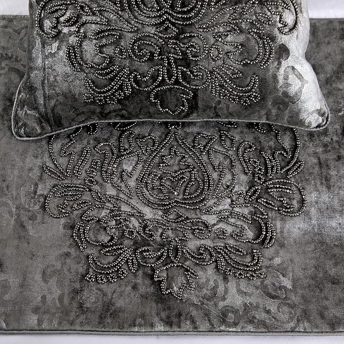 The HomeCentric Decorative Designer Handmade Bed Runner With 2 Throw Pillow Covers - 68 x 18 Inch Damask Full Size Scarf in Foil Velvet and Embroidery Linen - Foil Damask