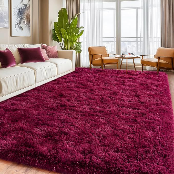Burgundy Plush Rug for Living Room Fuzzy Carpet for Bedroom Dorm, Non-Slip High Pile Rug, Shag Rug for Playroom Nursery Home Office Decor 4X6 Ft