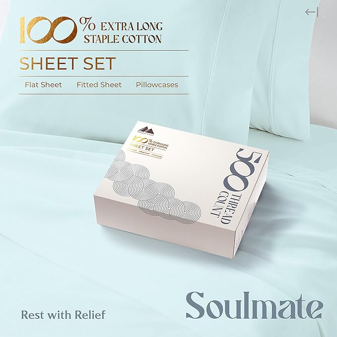 Mayfair Linen 500 Thread Count Twin Cotton Sheets - 3 PC Twin Size Bed Sheet Set Cotton (Sea Foam), Soft, Cooling, Sateen Hotel-Quality 16" Deep Pocket Bedsheet for Hot Sleepers (Fits 18" Mattress)