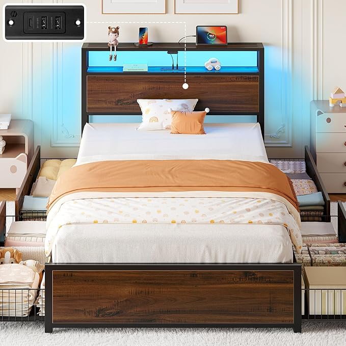 Rolanstar Twin Bed Frame with 4 Storage Drawers, Charging Station and LED Lights