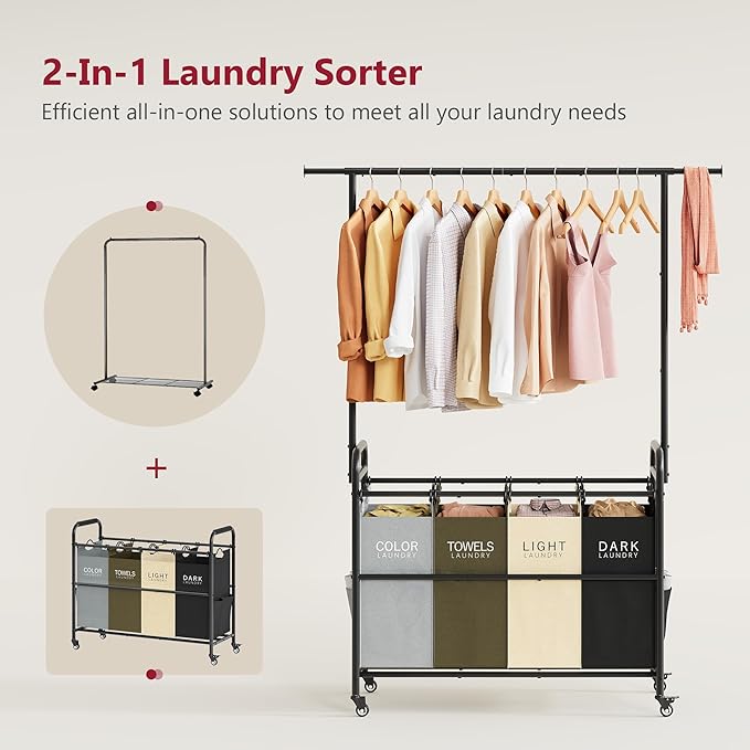 Tajsoon Laundry Sorter Cart with Hanging Clothes Rack, 4 Butler Sorter Basket Organizer, Laundry Hamper Cart with Heavy Duty Rolling Lockable Wheels, 4 Colors