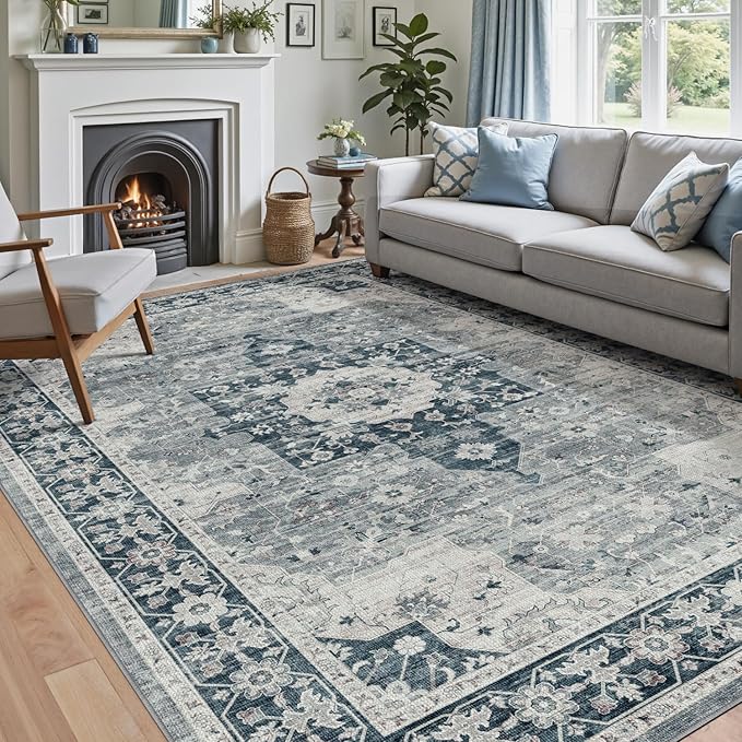 DEXI 5x8 Area Rug for Living Room, Washable Vintage Farmhouse Thin Rug Indoor Floor, Non Slip Stain Resistant Low Pile Carpet for Dining Room Bedroom Office, Blue Grey