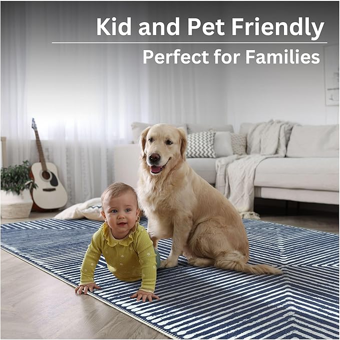 Bloom Rugs Washable Non-Slip 4' x 6' Rug - Blue Striped Area Rug for Living Room, Bedroom, Dining Room, and Kitchen - Exact Size: 4' x 6'