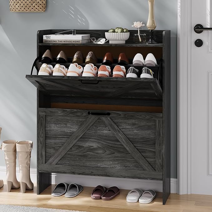 Shoe Cabinet Organizer with 2 Flip Drawers, Freestanding Narrow Shoe Rack for Entryway, Freestanding Hidden Shoe Storage Cabinet for Entryway, Hallway, Living Room, Bedroom, Black