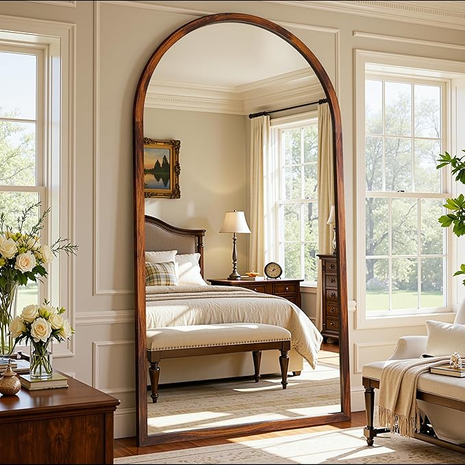 Full Length Mirror 76"×41" Floor Mirror Standing Tall Mirror, Arched Stand up Large Wall Mirrors, Freestanding Full Body Mirrors for Bedroom Living Room Wood Antique Style Walnut