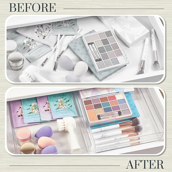 STORi SimpleSort 2-Piece Stackable Clear Drawer Organizer Set | 15" x 6" x 2" Rectangle Trays | Wide Makeup Vanity Storage Bins and Office Desk Drawer Dividers | Made in USA