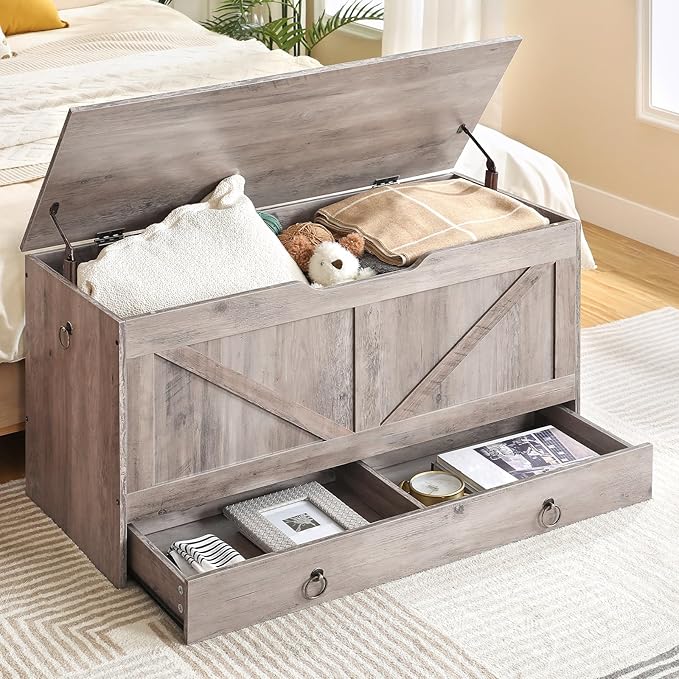 HOOBRO Storage Chest, 39.3" Toy Chest with Drawer, Wooden Storage Bench, Sturdy Entryway Bench Supports 220 lb, Safety Hinge, U-Shaped Opening, Easy Assembly, Greige BG710CW01G1