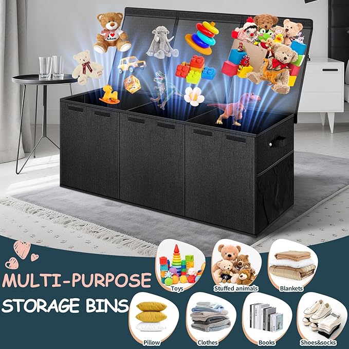 Extra Large Toy Box with Lids - Sturdy Collapsible Kids Storage Organizer Big Bin Chest Basket with Dividers for Boys Girls, Bedroom, Nursery, Living Room, Playroom Organization, 38"x16"x14", Black