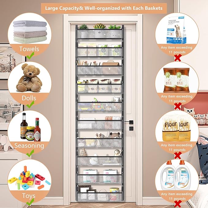 10-tier Over The Door Pantry Organizer with Mesh Baskets, Adjustable & Stable Hanging Spice Rack for Kitchen, Bathroom, Bedroom, and Baby Essentials Storage (16" W 10-Tiers, Black)
