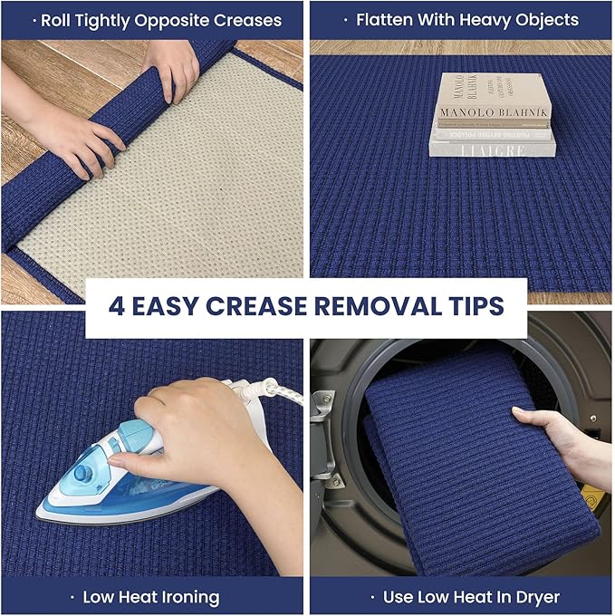 IOHOUZE Washable Runner Rug 2.6x10 Non Slip Rubber Backed Long Hallway Runner Entryway Runner Indoor, Kitchen Rugs Woven Cotton Floor Carpet for Hall Entrance, Royal Blue/Navy