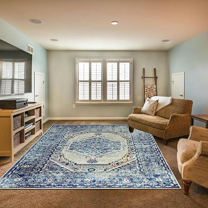Easy-Going Large 8x10 Washable Boho Area Rug for Living Room Non-Slip Bedroom Rug Low Pile Lightweight Medallion Distressed Throw Carpet for Dining Room Kitchen Home Office, Vintage Blue Cream
