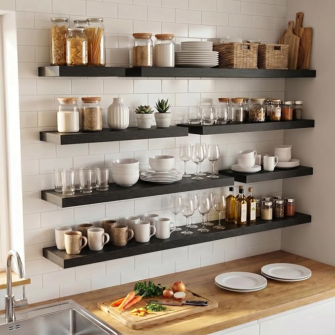 Venusmiles Floating Shelves for Wall, 72 Inch Floating Shelves Set of 1, 6.5" D Wooden Wall Mounted Display Shelves with Invisible Brackets for Living Room, Bedroom, Bathroom, Kitchen Decor, Black