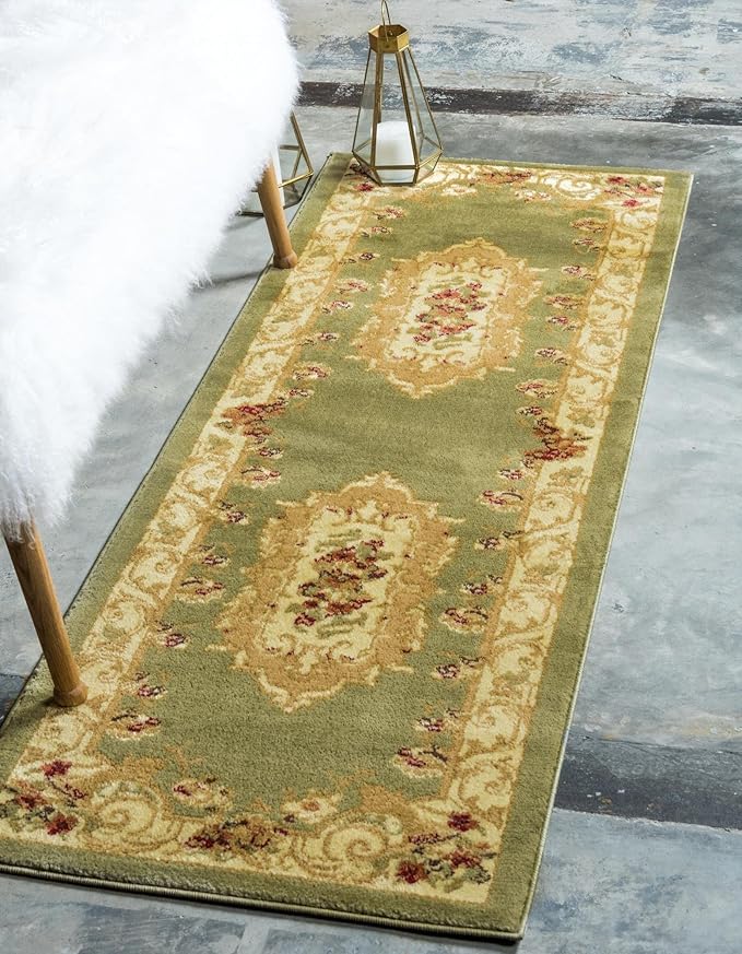 Rugs.com Chateau Collection Rug – 10 Ft Runner Green Medium Rug Perfect for Hallways, Entryways