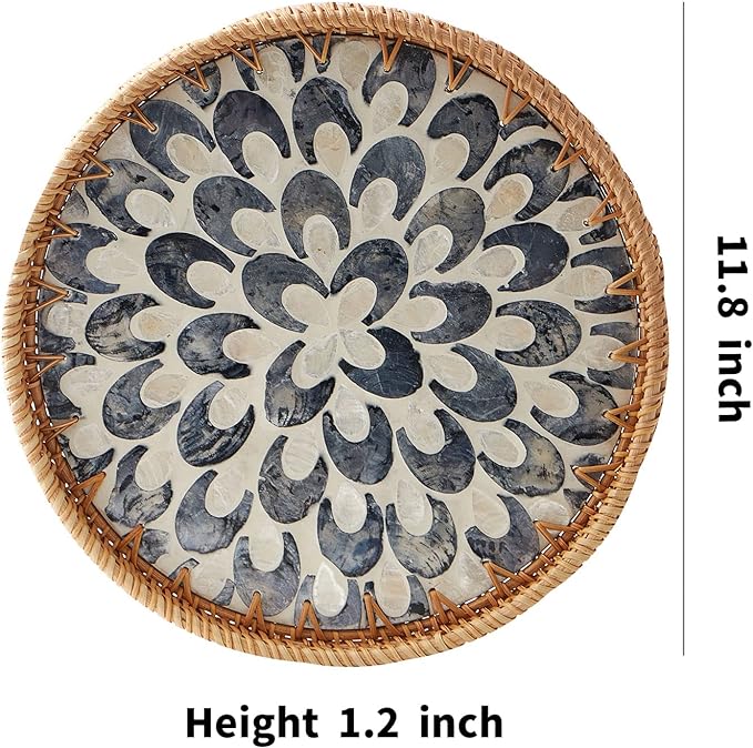 Round Rattan Tray with Mother of Pearl Inlay, Rattan Serving Tray with Wooden Base, Decorative Wicker Basket for Table Decor, Storage and Display of Coffee Bread Food Fruit (Plume)