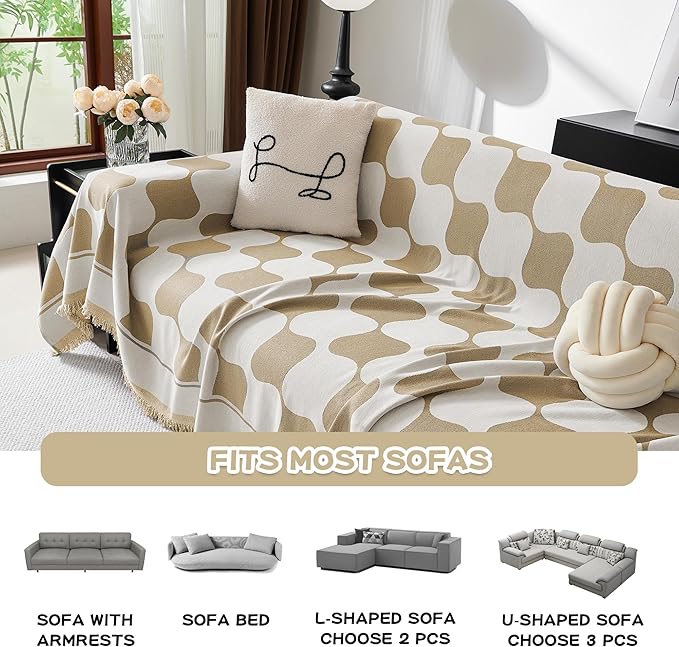 MEETSKY Oversized Sofa Cover Couch Cover for Sectional Sofa, Modern Jacquard Sofa Slipcover Loveseat Futon Cover, Pet Couch Cover Washable Couch Protector, Khaki Checkerboard