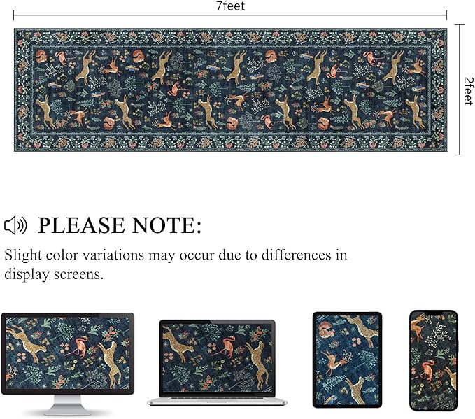DUKINO Runner Rug, 2x7 Washable Kitchen Rugs for Hallways with Non Slip Backing, Soft Low Pile Vintage Animal Runner for Kitchen, Hallway, Entryway, Laundry, Bedroom, Navy Blue