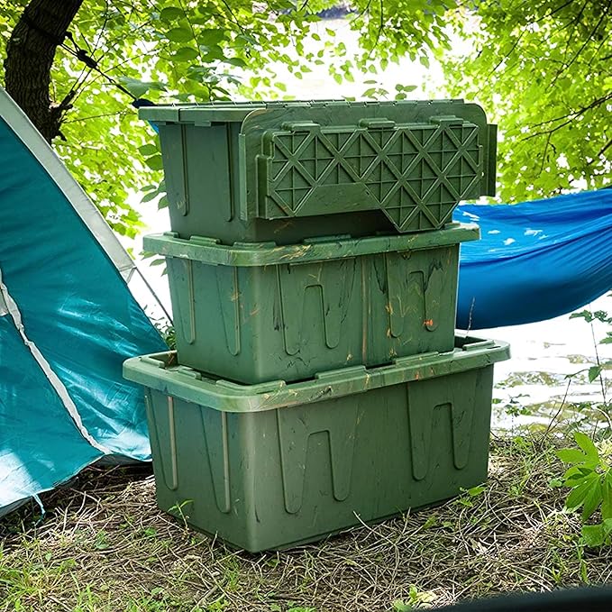 HOMZ 2-Pack Durabilt Tote, Heavy Duty Plastic Storage Bins with Lids, 27 Gallon, Green Camo - Stackable Organizing Containers for Home, Garage, and Office