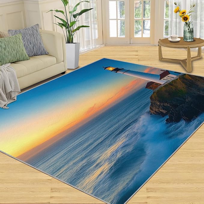 Coastal Rugs for Bedroom - 5x7 Area Rug - Ocean Lighthouse Rugs for Living Room, Sunset Ocean Scenery Rug, Non-Slip Washable Home Decor Carpet