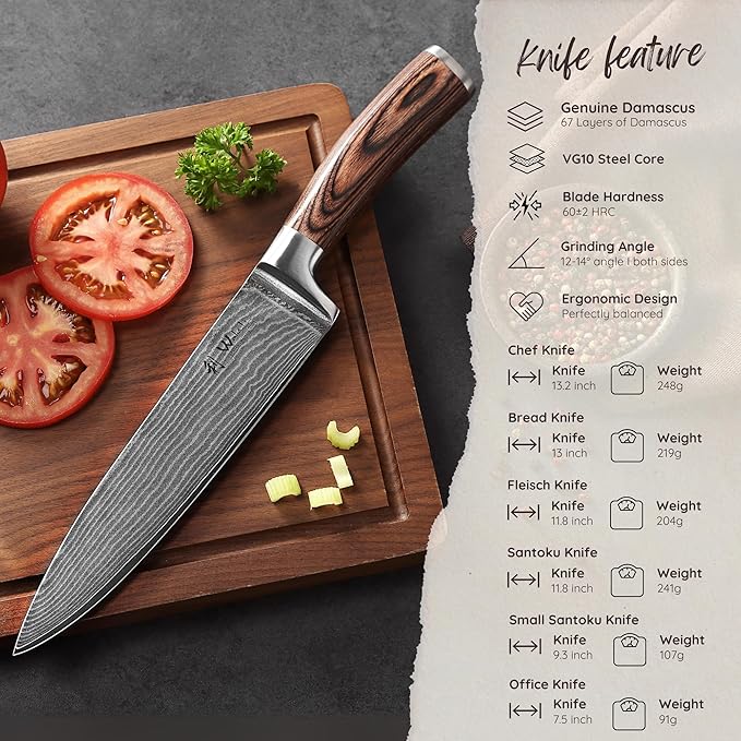 Wakoli EDIB Damascus Chef Knife Set, VG10 Core Blades, 6-Pcs Kitchen Knives
